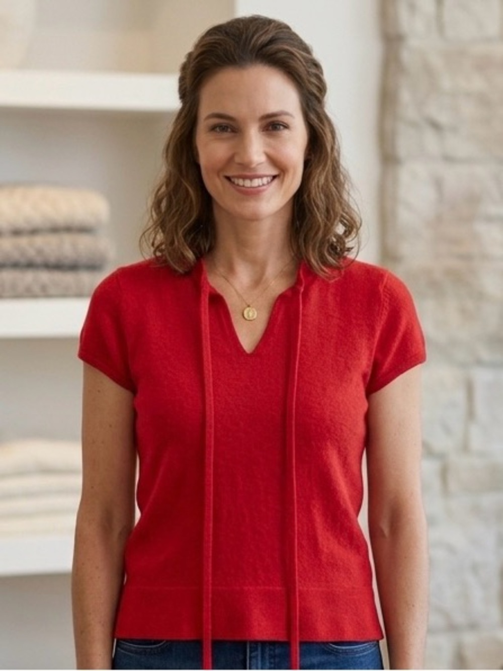 Anthropologie Merino Wool Blend Short Sleeve Tie Neck Sweater - Medium - Red